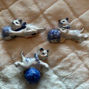 Set of Three Vintage Blue and White Porcelain Kitten Figurines